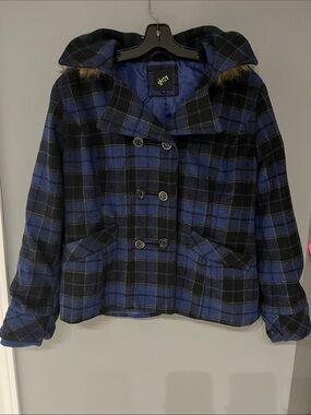 3/$30 Blue & Black Plaid Peacoat Jacket